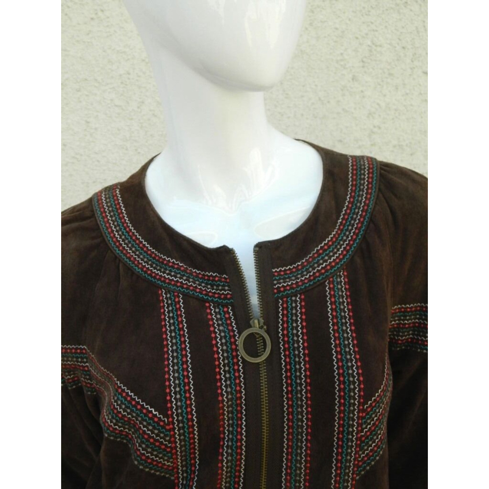 Vintage CACHAREL Jacket Size Medium Brown Suede Embroidered Boho Chic Festival - Picture 4 of 11
